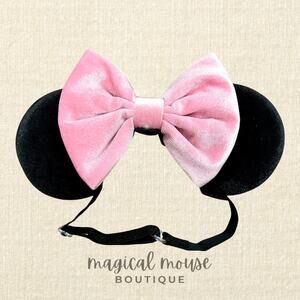 Black & Pink Velvet Elastic Minnie Ears | Disney-Inspired Adjustable Headband